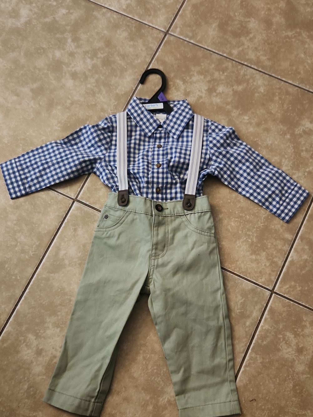 Carter's Blue Gingham Shirt with Sage Pants and White Striped Suspenders